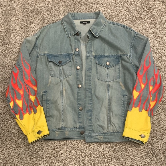 Painted Flames Light Blue Denim Jacket - Picture 8 of 8
